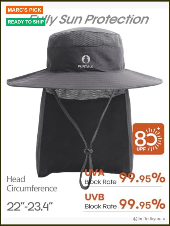 UPF 80+ Sun Hat with Neck Flap, Breathable Mesh, Adjustable Drawstring, main image 6